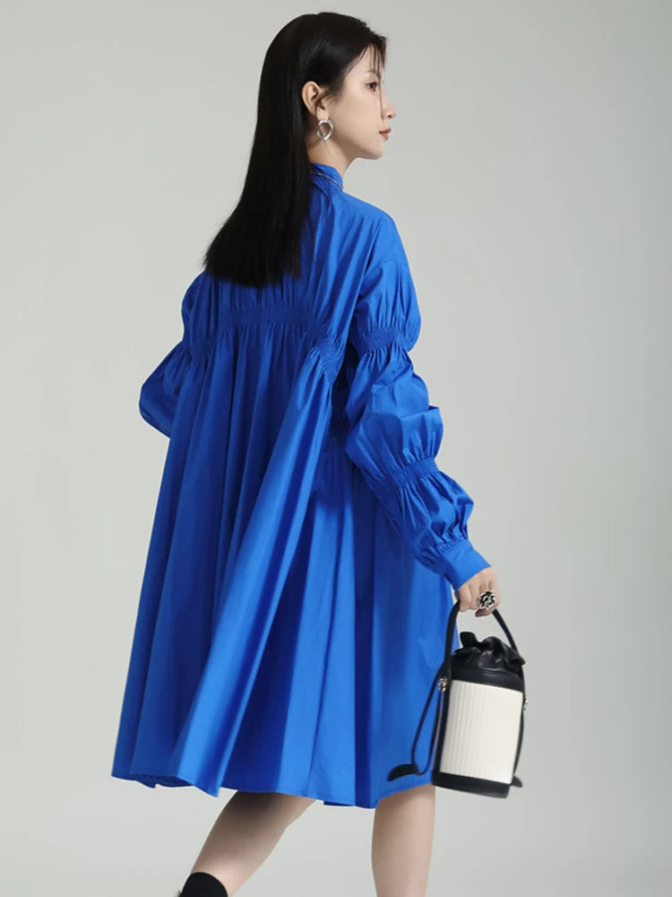 Hotaru Long Sleeve Pleated Shirt Dress - Blue